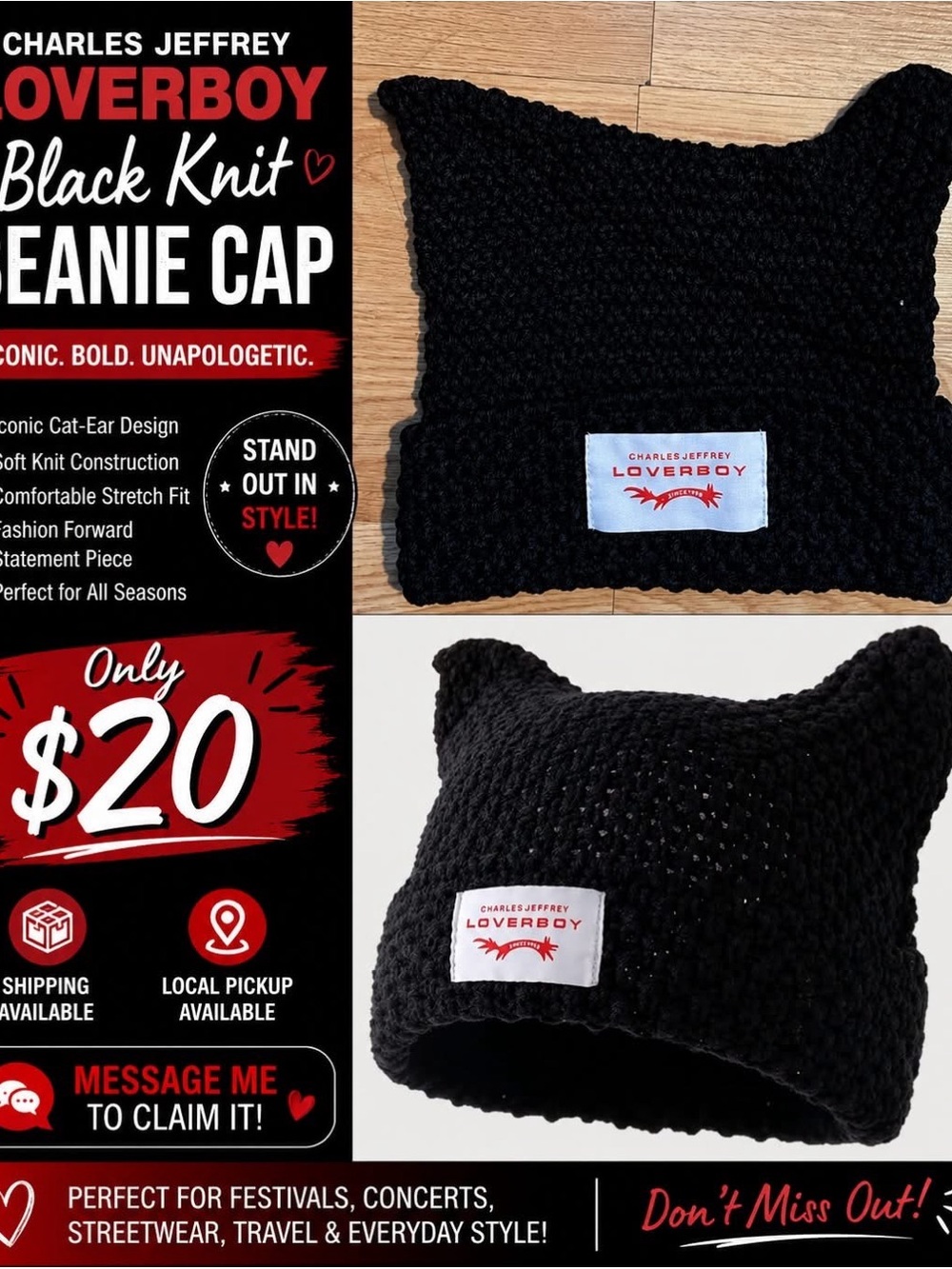 Black Knit Cat Ear Beanie